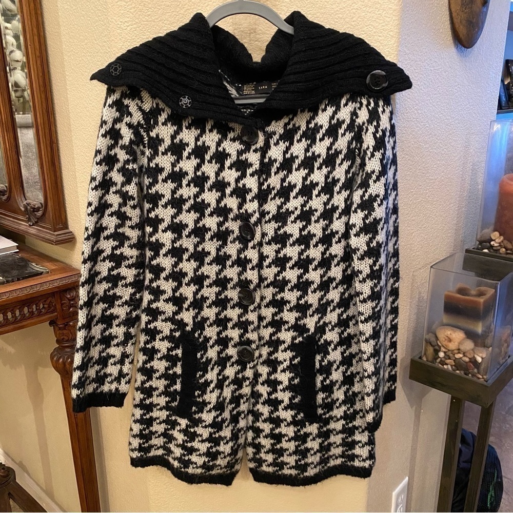 ZARA Women Black & White Houndstooth Pattern Mohair Wool Blend Long Cardigan-Lrg